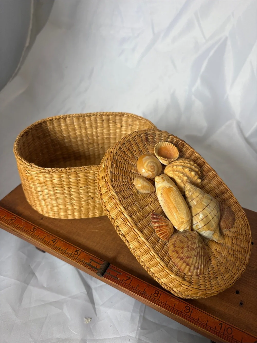 Vintage Woven Basket With Real Shell Decor On Top